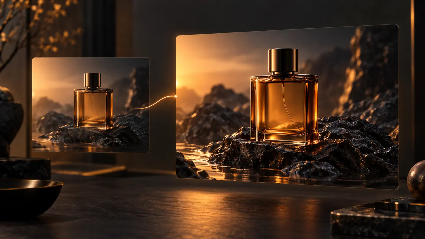 A compact draft and a larger detailed final frame show the same perfume product scene