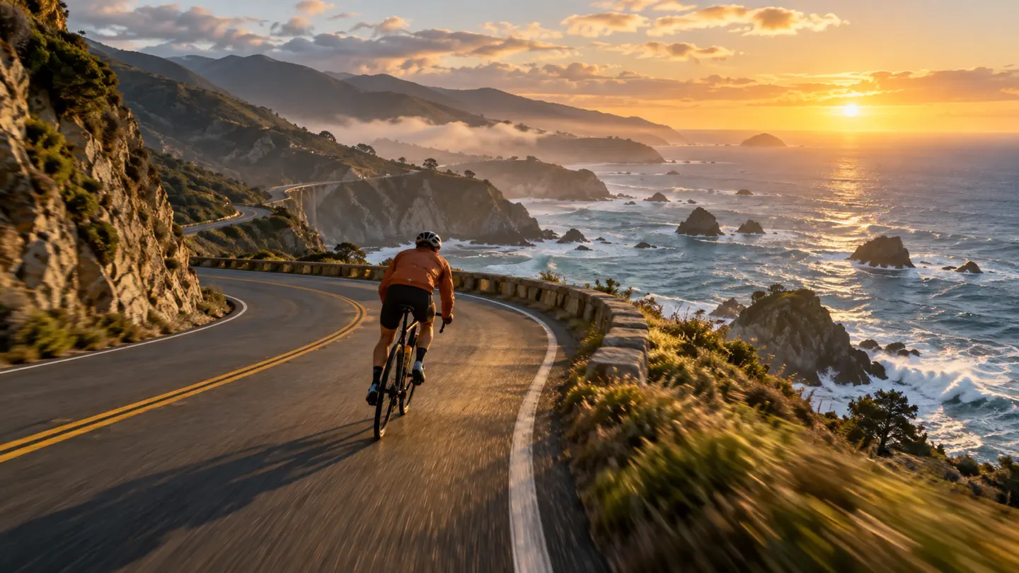 A cyclist follows a winding coastal road in a continuous cinematic scene