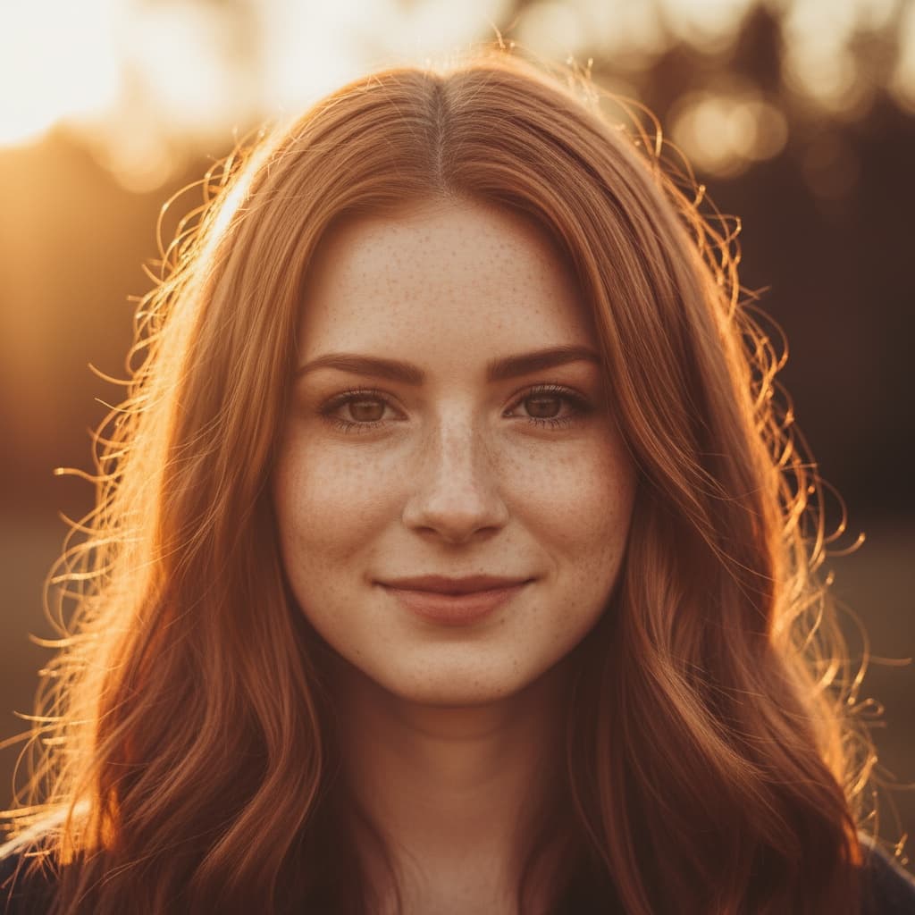 Close-up portrait of a young woman with freckles, golden hour sunlight streaming through her auburn hair, shallow depth of field, shot on 85mm f1.4 lens, warm tones, photorealistic